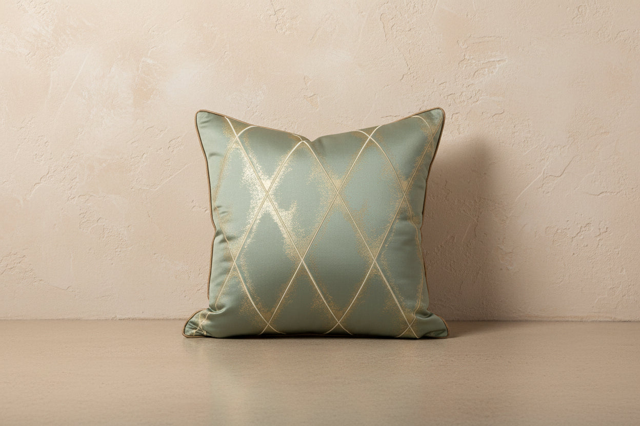 Decorative pillow with gold geometric pattern on a light blue background