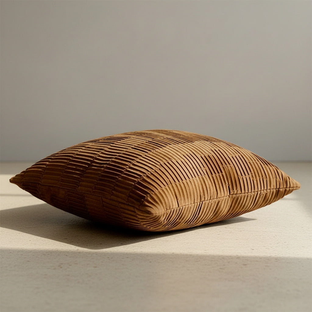 Emilia Caramel Pleats Cushion Cover in Golden Caramel | cushion cover, bedroom, caramel