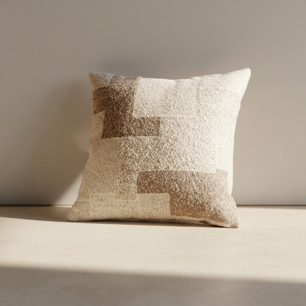 Emilia Patchwork Neutral Cushion Cover in Warm Beige | cushion cover, fringe, patchwork