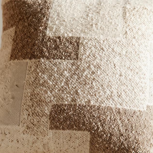Emilia Patchwork Neutral Cushion Cover - detail view | cushion cover, fringe, patchwork