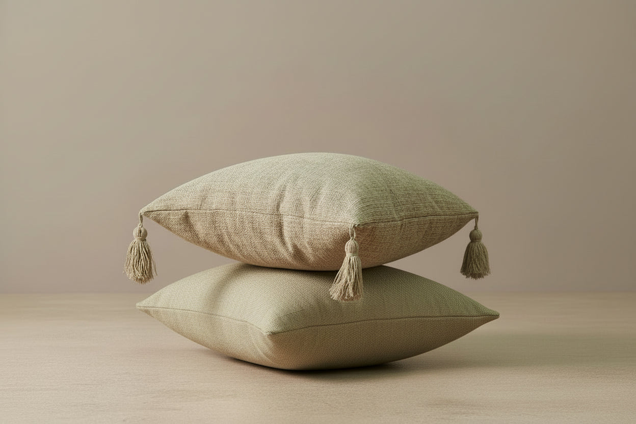 Jade Beige Cushion Cover in Sage Green | tassels, jade beige, pillow cover
