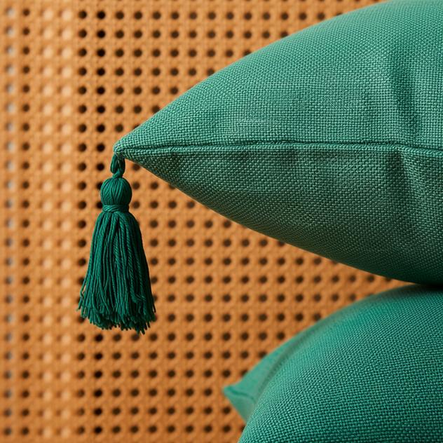 Jade Green Cushion Cover - detail view | tassels, pillow cover, jade green