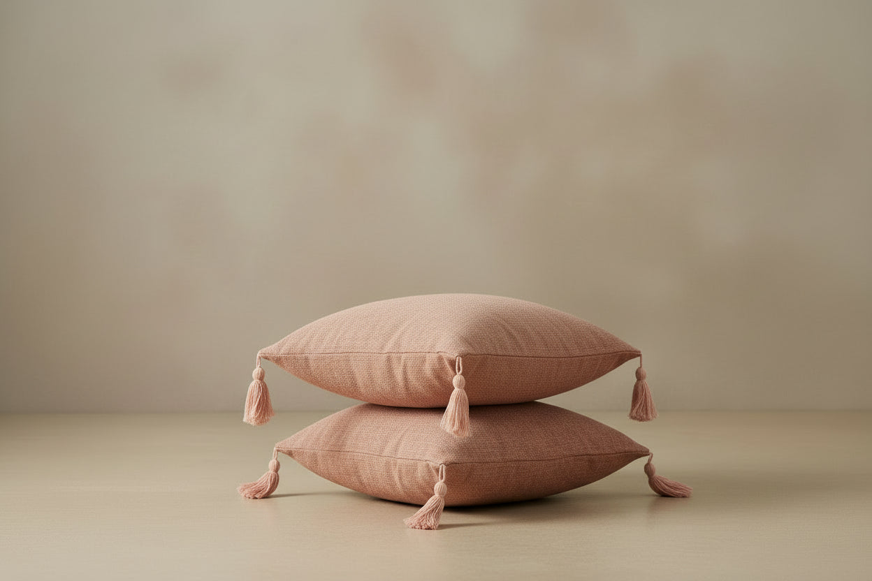 Jade Powder Pink Cushion Cover in Dusty Rose | square cushion, soft fabric, tassels