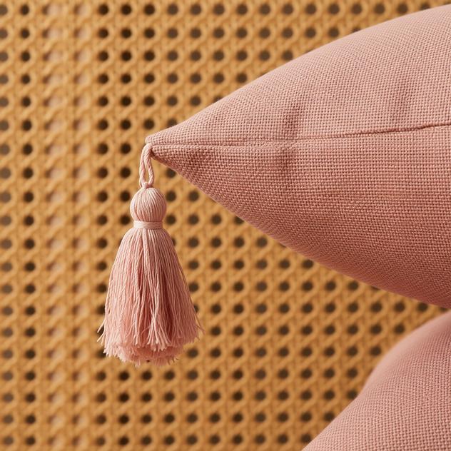 Jade Powder Pink Cushion Cover - detail view | square cushion, soft fabric, tassels