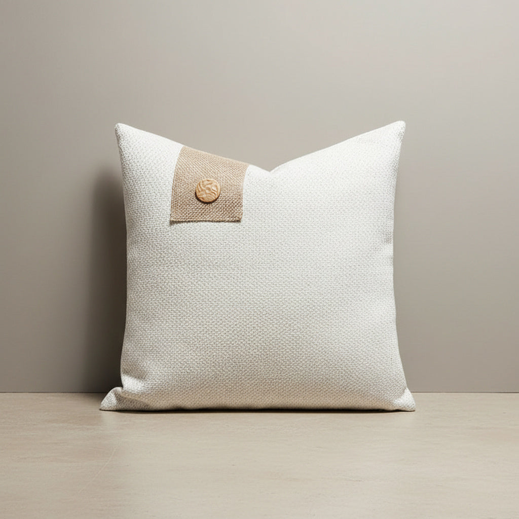 Natalia Woven Button Cushion Cover in Cream Linen | soft fabric, living room, button detail