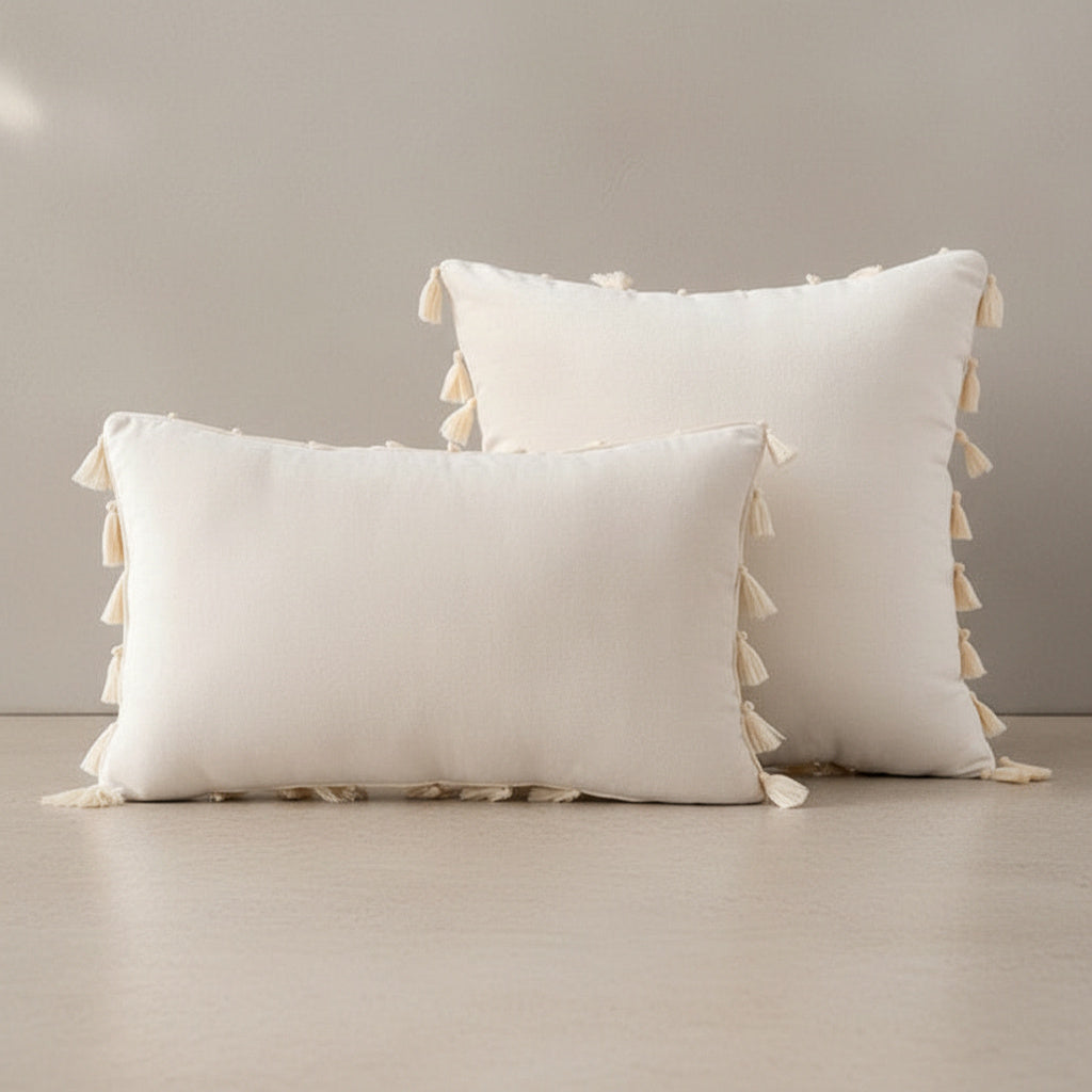 Opal Beige Tassel Cushion Cover - velvet in Cream Ivory, Cream Ivory | tassel, scandinavian, throw pillow