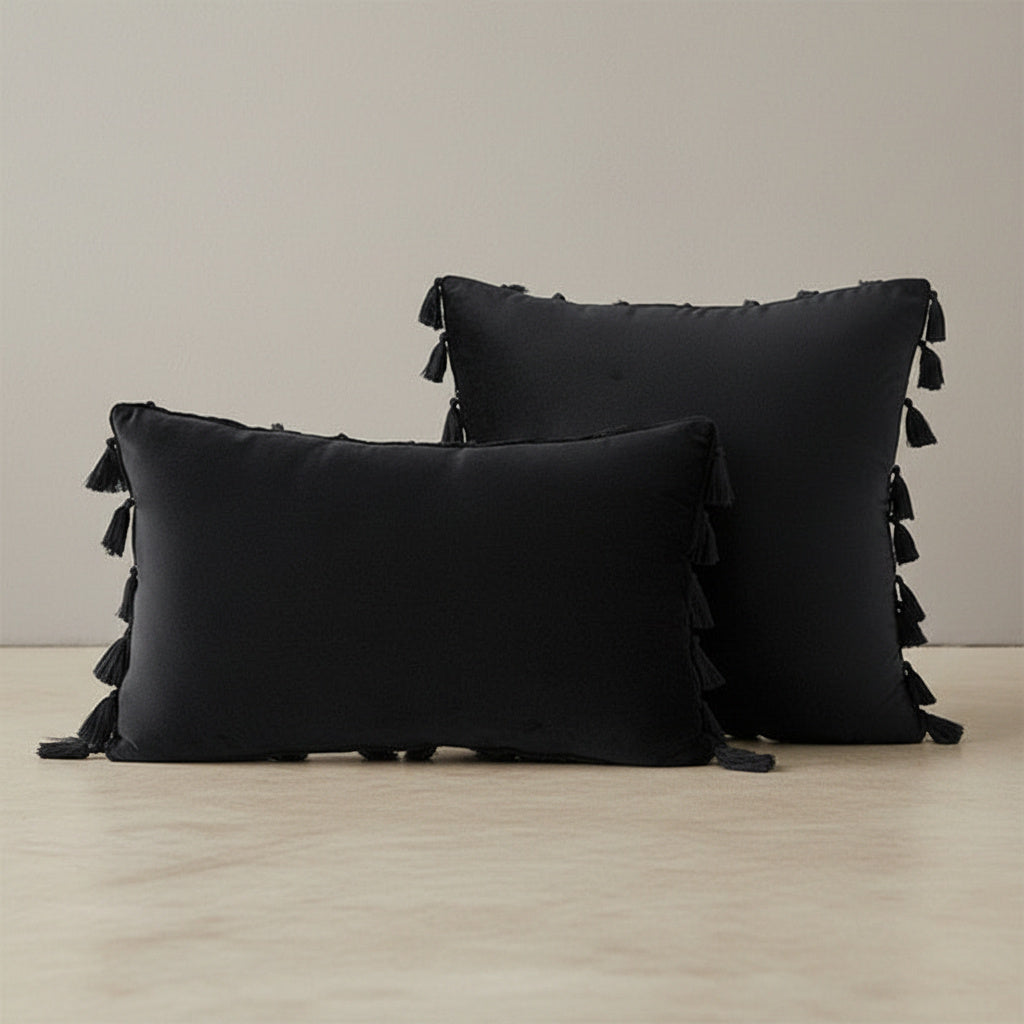 Opal Black Tassel Cushion Cover - velvet in Charcoal Black, Charcoal Black | tassel, scandinavian, throw pillow