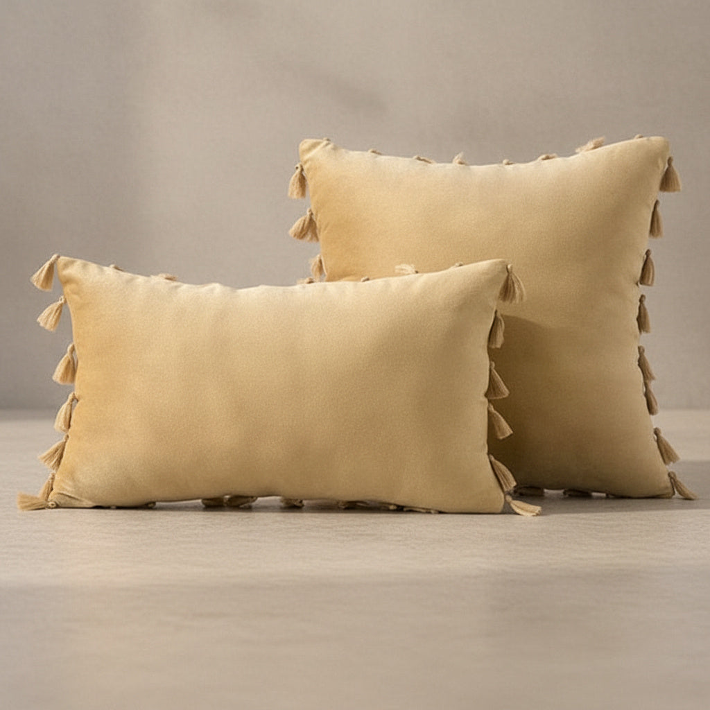 Opal Khaki Gold Tassel Cushion Cover - velvet in Warm Taupe, Warm Taupe | tassel, scandinavian, throw pillow