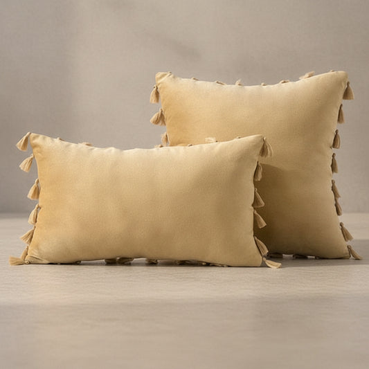 Opal Khaki Gold Tassel Cushion Cover - velvet in Warm Taupe, Warm Taupe | tassel, scandinavian, throw pillow