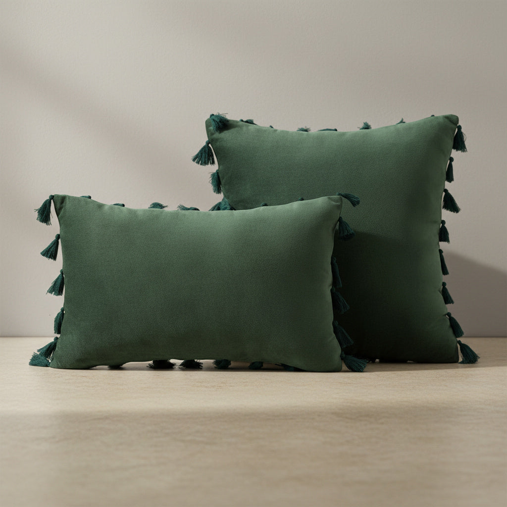 Opal Moss Tassel Cushion Cover - velvet in Forest Green, Forest Green | tassel, scandinavian, throw pillow