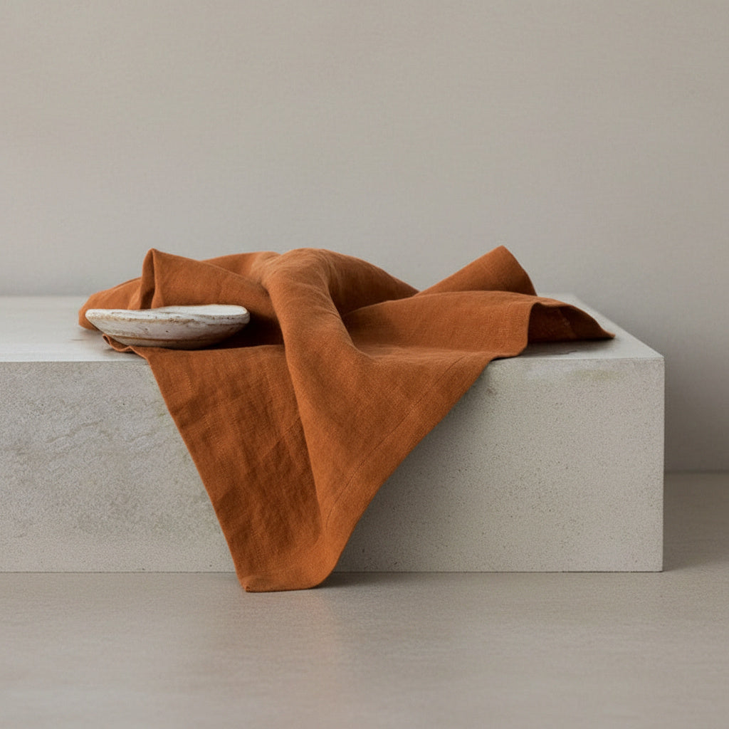 Vivian Caramel Linen Napkin in Rust Orange | natural fabric, caramel, brown napkins