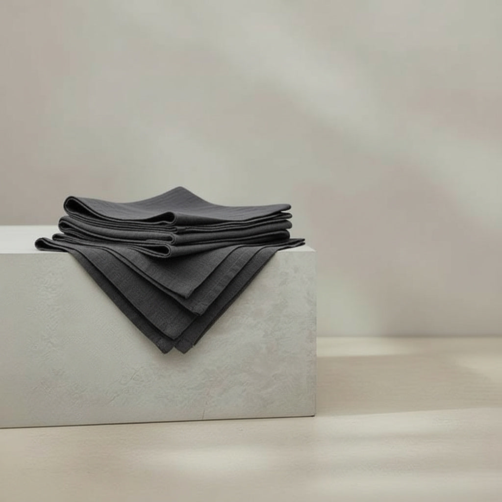 Vivian Dark Gray Linen Napkin - detail view | natural fabric, caramel, brown napkins