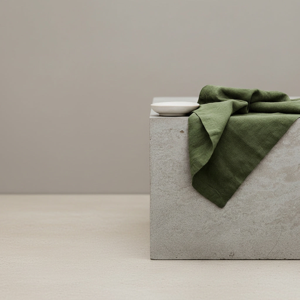 Vivian Moss Green Linen Napkin in Olive Green | natural fabric, caramel, brown napkins