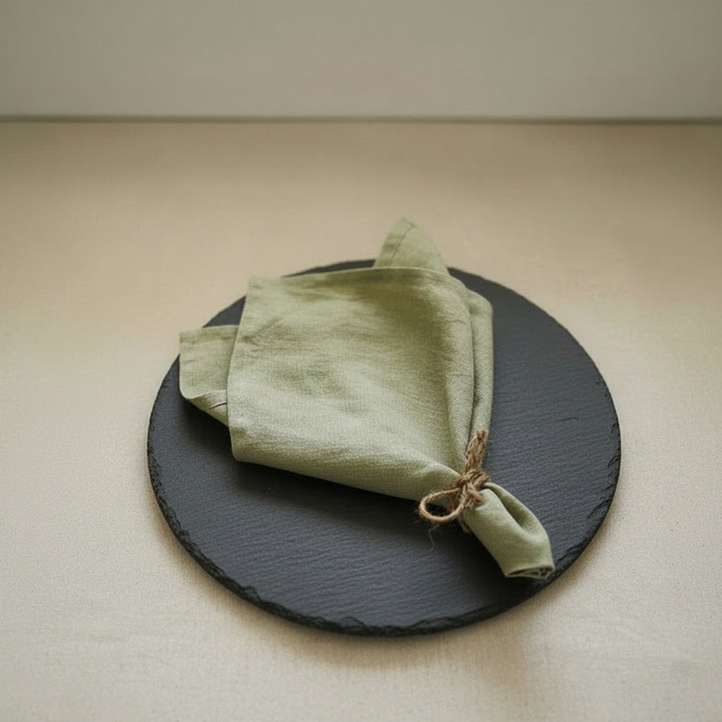 Vivian Sage Green Linen Napkin in Sage Green | natural fabric, caramel, brown napkins