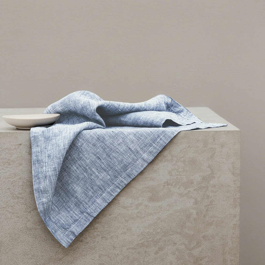 Vivian Sky Blue Linen Napkin in Chambray Blue | natural fabric, caramel, brown napkins
