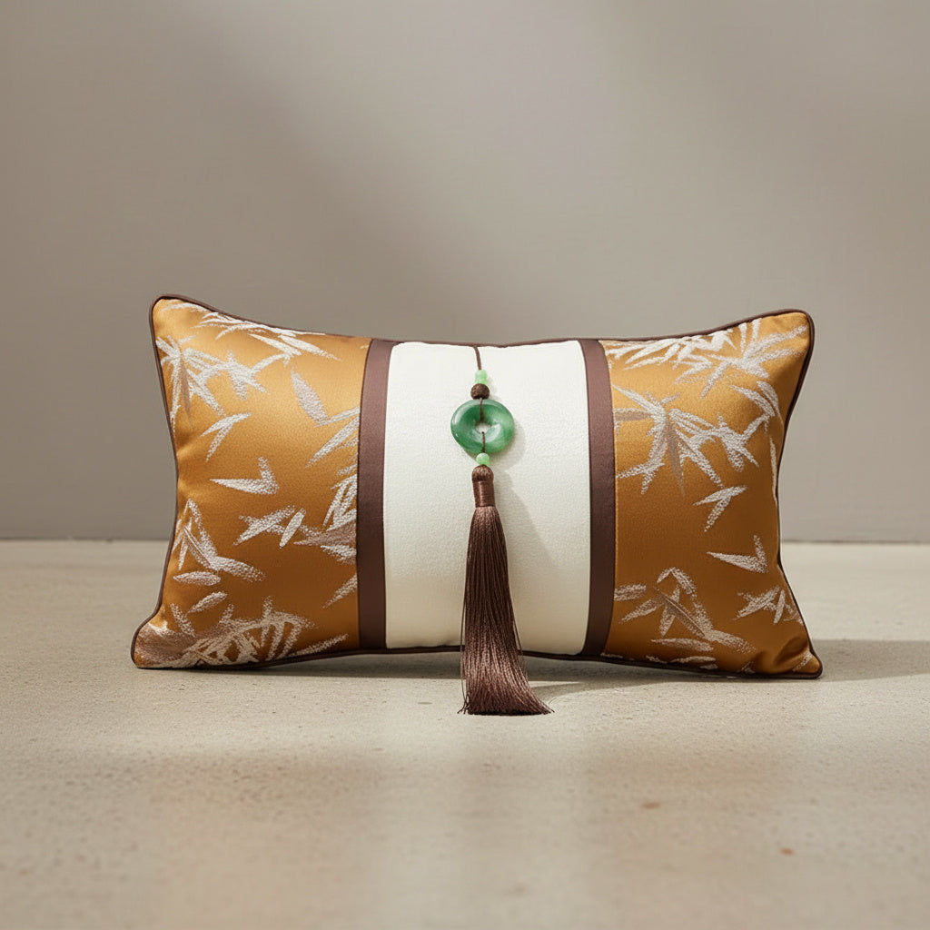 Zelda Bamboo Whisper Cushion Cover in Warm Amber | green, bamboo leaf, living room decor